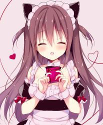 Rule 34 | 1girl, :d, ^ ^, animal ears, apron, bare shoulders, black bow, black dress, black sleeves, blush, bow, box, brown background, brown hair, cat ears, closed eyes, collar, collarbone, detached collar, detached sleeves, dress, facing viewer, fang, frilled apron, frills, gift, gift box, hair between eyes, hands up, heart, heart of string, highres, holding, holding gift, izuminanase, long hair, maid, maid headdress, open mouth, original, puffy short sleeves, puffy sleeves, red bow, short sleeves, simple background, sleeveless, sleeveless dress, smile, solo, two side up, valentine, very long hair, waist apron, white apron, white collar, wing collar