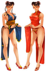 Rule 34 | 1girl, alternate costume, bad id, bad pixiv id, bare shoulders, breasts, capcom, china dress, chinese clothes, chun-li, clothes lift, covered erect nipples, double bun, dress, dress lift, earrings, eyeshadow, full body, hair bun, high heels, jewelry, large breasts, legs, lips, makeup, open shoes, panties, pelvic curtain, sash, shoes, simple background, standing, street fighter, sww13, underwear