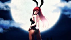 Rule 34 | 1girl, altair ezio, animal ears, ass, bare shoulders, breasts, cloud, erza scarlet, fairy tail, fake animal ears, from behind, large breasts, leotard, long hair, looking at viewer, moon, night, pantyhose, playboy bunny, rabbit ears, rabbit tail, red hair, smile, solo, tail, tattoo