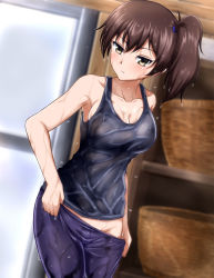 Rule 34 | 1girl, armpits, bare arms, bare shoulders, blush, breasts, brown eyes, brown hair, cleavage, closed mouth, collarbone, groin, hair between eyes, hair tie, highres, indoors, kaga (kancolle), kantai collection, large breasts, looking at viewer, pants, side ponytail, sidelocks, solo, tank top, undressing, wet, wet clothes, zanntetu