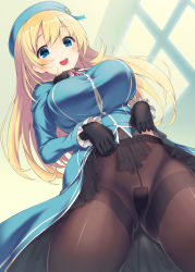Rule 34 | 10s, 1girl, akanagi youto, atago (kancolle), bad id, bad pixiv id, black gloves, black pantyhose, blonde hair, blush, breasts, crotch seam, gloves, hat, highres, kantai collection, large breasts, long hair, looking at viewer, military, no panties, open mouth, pantyhose, smile, solo, thighband pantyhose, uniform