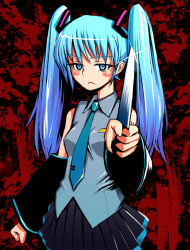 Rule 34 | :&lt;, bad id, bad pixiv id, detached sleeves, green eyes, green hair, hatsune miku, jouyo, knife, solo, twintails, vocaloid
