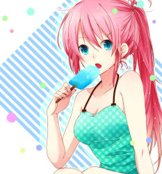 Rule 34 | 1girl, artist request, blue eyes, blush, breasts, cleavage, collarbone, food, green shirt, hair ornament, hairclip, highres, holding, ice cream, large breasts, long hair, looking at viewer, megurine luka, open mouth, pink hair, polka dot, polka dot shirt, ponytail, popsicle, shirt, side ponytail, sitting, solo, striped, striped background, tank top, vocaloid, white background