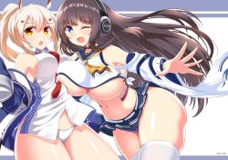 Rule 34 | 2girls, :d, :o, ayanami (azur lane), ayanami (azur lane) (cosplay), azur lane, between breasts, black hair, black panties, black skirt, blonde hair, blue eyes, blue jacket, breast press, breasts, commentary request, cosplay, costume switch, detached sleeves, dress, hair between eyes, hair ornament, headphones, highres, jacket, kamishiro (rsg10679), large breasts, long hair, long island (azur lane), long island (azur lane) (cosplay), looking at viewer, medium breasts, multiple girls, navel, necktie, necktie between breasts, one eye closed, open mouth, outstretched arm, panties, red necktie, school uniform, serafuku, shiny skin, shirt, simple background, skirt, smile, stomach, thighhighs, thighs, underwear, white dress, white legwear, white panties, white shirt, yellow eyes