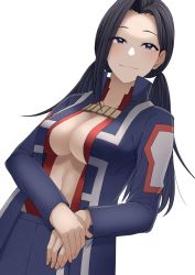 Rule 34 | 1girl, alternate hairstyle, asymmetrical bangs, black hair, blue eyes, blue pants, blue shirt, blush, boku no hero academia, breasts, center opening, cleavage, closed mouth, commentary, cowboy shot, half-closed eyes, highres, kobaji, leotard, long hair, long sleeves, looking at viewer, medium breasts, navel, open clothes, open shirt, own hands together, pants, parted bangs, red leotard, revealing clothes, shirt, simple background, smile, solo, twintails, u.a. gym uniform, white background, yaoyorozu momo