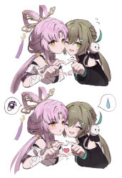 Rule 34 | 2girls, bare shoulders, bird hair ornament, blush, braid, brown hair, closed eyes, closed mouth, clothing cutout, commentary request, cropped torso, deyuaru, forehead jewel, fu xuan (honkai: star rail), green eyes, hair ornament, hairclip, heart, heart hands, highres, honkai: star rail, honkai (series), long hair, long sleeves, looking at viewer, looking to the side, low twintails, multiple girls, one eye closed, open mouth, orange eyes, pink hair, qingque (honkai: star rail), shoulder cutout, simple background, smile, speech bubble, sweatdrop, twintails, white background