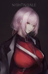 Rule 34 | 1girl, black jacket, braid, breasts, buckle, buttons, character name, closed mouth, expressionless, eyes visible through hair, fate/grand order, fate (series), florence nightingale (fate), framed breasts, grey background, hair between eyes, head tilt, highres, jacket, jacket on shoulders, large breasts, lipstick, long hair, looking at viewer, makeup, marumoru, military, military uniform, pink hair, red eyes, sidelocks, signature, simple background, solo, strap, uniform