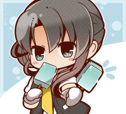 Rule 34 | 10s, 1girl, asymmetrical hair, bloom2425, blush stickers, chibi, food, giving, gloves, grey eyes, grey hair, kantai collection, looking at viewer, necktie, nowaki (kancolle), popsicle, religious offering, solo, vest, white gloves, yellow necktie