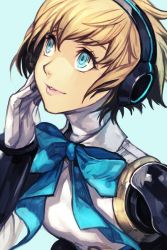 Rule 34 | 1girl, aegis (persona), android, atlus, blonde hair, blue background, blue bow, blue bowtie, blue hair, bow, bowtie, hand on own face, headphones, hungry clicker, joints, parted lips, persona, persona 3, persona 3: dancing moon night, persona dancing, robot joints, sega, short hair, simple background, smile, solo, upper body