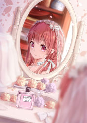 Rule 34 | 1girl, absurdres, blurry, blurry foreground, blush, bow, braid, chiya 1589505970, closed mouth, collarbone, day, hair bow, highres, indoors, kanojo okarishimasu, long hair, looking at viewer, red eyes, red hair, reflection, ribbon, sakurasawa sumi, side braid, single braid, smile, solo, thick eyebrows, translation request, white bow, white ribbon, window