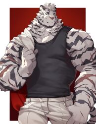 Rule 34 | 1boy, absurdres, animal ears, arknights, bara, black tank top, clothes over shoulder, commentary, formal, furry, furry male, highres, holding, holding clothes, looking at viewer, male focus, mountain (arknights), multiple scars, muscular, muscular male, pants, pectoral cleavage, pectorals, scar, scar across eye, scar on arm, scar on face, suit, symbol-only commentary, tail, tank top, thumb in pocket, tiger boy, tiger ears, tiger stripes, tiger tail, white pants, white suit, yed (yedsilent)