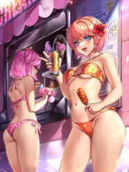 Rule 34 | 2girls, :d, artist name, bandeau, bare arms, bare shoulders, bendy straw, bikini, blue eyes, breasts, can, checkered bikini top, commentary, corn dog, credit card, doki doki literature club, drinking straw, flower, food-themed hair ornament, food print, glint, hair flower, hair ornament, halterneck, highres, holding, holding can, holding wallet, ice cream cone, light blush, medium breasts, mirrored text, multiple girls, natsuki (doki doki literature club), navel, o-ring, o-ring top, open mouth, orange bikini, orange hair, pink bikini, pink eyes, pink hair, potetos7, print bikini, sayori (doki doki literature club), short hair, side-tie bikini bottom, small breasts, smile, stomach, strawberry hair ornament, strawberry print, swimsuit, symbol-only commentary, thighs, two side up, underboob, wallet