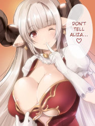 Rule 34 | 10s, 1girl, alicia (granblue fantasy), areola slip, blunt bangs, breasts, center opening, cleavage, cross, cross earrings, cygames, draph, earrings, finger to mouth, flashing, gloves, granblue fantasy, hard-translated, horns, huge breasts, jewelry, looking at viewer, maki (seventh heaven maxion), mature female, one eye closed, puffy short sleeves, puffy sleeves, pulling own clothes, red eyes, short sleeves, shushing, solo, third-party edit, translated, upper body, white gloves, white hair