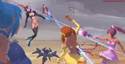 6+girls artist_name battle black_footwear blood blue_choker blue_hair boots bow brain bubble_skirt choker commentary crimson_red death defeat desert detached_sleeves dress elbow_gloves energy_beam english_commentary flying frilled_choker frills gloves grey_sky guro hair_bow headshot heart_wand highres injury knee_boots laser magical_girl midair multiple_girls o-ring_arm_strap orange_hair original paid_reward_available pink_dress pink_gloves pointy_ears ponytail purple_hair red_hair revealing_clothes ryona skirt sky star_wand thong twintails wand yellow_bow yellow_gloves yellow_skirt