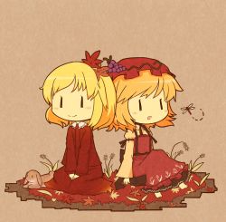 Rule 34 | 2girls, aki minoriko, aki shizuha, akihiyo, autumn leaves, back-to-back, blonde hair, brown background, bug, chibi, dragonfly, food, fruit, grapes, hair ornament, hat, insect, multiple girls, open mouth, rabbit, siblings, simple background, sisters, sitting, touhou, | |