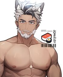 Rule 34 | 1boy, abs, animal ear fluff, animal ears, bara, barcode, beard, black hair, closed mouth, earrings, facial hair, food, grey eyes, grey hair, gt dune, highres, jewelry, looking at viewer, male focus, mature male, multicolored hair, muscular, muscular male, mustache, nipples, nude, original, pectorals, short hair, simple background, single earring, solo, sushi, twitter username, two-tone hair, upper body, white background