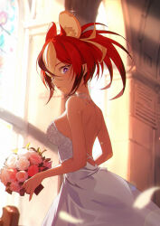Rule 34 | 1girl, absurdres, animal ear fluff, animal ears, backless dress, backless outfit, bouquet, breasts, church, dress, earrings, flower, from side, glint, hakos baelz, highres, holding, holding bouquet, hololive, hololive english, jewelry, jiang ye kiri, medium breasts, mouse ears, mouse girl, parted lips, pink flower, pink rose, purple eyes, red hair, rose, single earring, solo, twintails, virtual youtuber, wedding dress, white dress, white flower, white rose