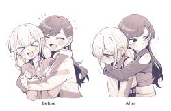 Rule 34 | &gt; &lt;, 2girls, absurdres, azusawa kohane, before and after, blush, clothing cutout, commentary request, ear blush, flying sweatdrops, greyscale, hair ornament, hairclip, highres, hug, hug from behind, jacket, korean commentary, long hair, long sleeves, midriff, monochrome, multiple girls, neonfloyd, open mouth, project sekai, shiraishi an, short twintails, shoulder cutout, smile, sweatdrop, twintails, upper body, yuri