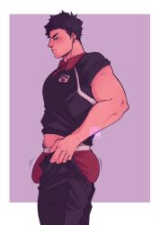 Rule 34 | 1boy, ass, bara, blush, boxers, bulge, bulge lift, collared shirt, dressing, eyebrow piercing, feet out of frame, from side, haikyuu!!, highres, i&#039;ve never seen a guy recreate this successfully tbh (meme), iwaizumi hajime, large pectorals, long sideburns, looking at viewer, male focus, male underwear, marudasai, meme, midriff peek, muscular, muscular male, navel hair, open pants, pants, pants lift, pectorals, piercing, red male underwear, shirt, short hair, sideburns, solo, undersized clothes, underwear