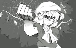 Rule 34 | 1girl, clenched hand, closed mouth, commentary, crystal, english commentary, flandre scarlet, greyscale, hat, highres, looking at viewer, mob cap, monochrome, shaded face, shirt, short hair, short sleeves, side ponytail, solo, touhou, upper body, v-shaped eyes, wakaburger, wings