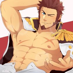 Rule 34 | 1boy, armpits, bara, beard, blue eyes, blush, body hair, brown hair, commentary request, epaulettes, facial hair, fate/grand order, fate (series), hand on own head, highres, large pectorals, long sideburns, long sleeves, looking at viewer, male focus, military, muscular, napoleon bonaparte (fate), nipples, one eye closed, open clothes, pants, pectorals, scar, seductive smile, sideburns, simple background, smile, smirk, solo, sweatdrop, zifu