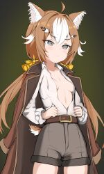 1girl absurdres ahoge animal_ear_fluff belt blush bow breasts brown_hair closed_mouth coat collarbone collared_shirt commentary cowboy_shot girls&#039;_frontline girls&#039;_frontline_neural_cloud grey_eyes hair_bow hair_ornament hannah_(neural_cloud) highres lotan low_twintails multicolored_hair no_bra open_clothes open_coat open_shirt shirt short_shorts shorts solo standing twintails two-tone_hair white_hair white_shirt