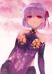 Rule 34 | 1girl, closed mouth, earrings, fate/grand order, fate (series), hair ribbon, jewelry, kama (fate), kama (first ascension) (fate), light purple hair, looking at viewer, md5 mismatch, red eyes, red ribbon, resolution mismatch, ribbon, sanom, short hair, smile, solo, source larger