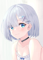 Rule 34 | 1girl, amaner, bare shoulders, black choker, blue bow, blue eyes, blunt bangs, bow, camisole, choker, collarbone, earrings, eyes visible through hair, ghost hair ornament, grey hair, hair behind ear, hair ornament, hairclip, highres, jewelry, kaga sumire, light smile, looking at viewer, simple background, solo, upper body, virtual youtuber, vspo!, white background, white camisole, x hair ornament