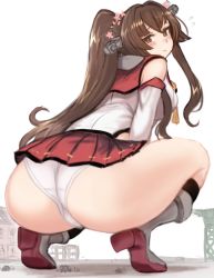 Rule 34 | 1girl, ass, black legwear, blush, breasts, brown eyes, brown hair, closed mouth, crane (machine), detached sleeves, female focus, full body, giant, giantess, hair intakes, headgear, high heels, hip vent, kantai collection, large breasts, long hair, looking back, matching hair/eyes, motor vehicle, panties, pleated skirt, ponytail, red skirt, rudder footwear, sidelocks, size difference, skirt, solo, squatting, truck, underwear, utopia, very long hair, white background, white panties, yamato (kancolle)