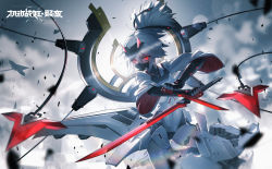 Rule 34 | 1girl, artery gear, artery gear: fusion, blurry, blurry background, cable, dual wielding, hair between eyes, halo, headgear, highres, holding, holding sword, holding weapon, horns, katana, looking at viewer, mask, mechanical arms, mechanical halo, mouth mask, qys3, red eyes, short ponytail, skindentation, solo, sword, thighhighs, weapon, white hair
