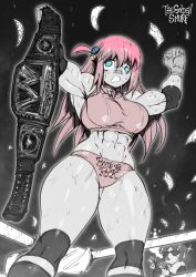 Rule 34 | 2girls, abs, arms up, artist name, bandaid, bandaid on face, bandaid on nose, bare shoulders, belt, bocchi the rock!, boots, breasts, championship belt, cigar, clothes writing, commentary, cosplay, cube hair ornament, elbow pads, english commentary, gloves, gluteal fold, gotoh hitori, hair ornament, highres, holding, holding belt, knee pads, large breasts, long hair, mole, mole under eye, money rain, multiple girls, muscular, muscular female, name connection, navel, one side up, sketch, skindentation, smoking, sparkle, spot color, standing, sunglasses, sweat, the golden smurf, the rock (dwayne johnson), the rock (dwayne johnson) (cosplay), thick thighs, thighs, wavy mouth, wrestling ring, wwe, yamada ryo