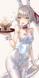 Rule 34 | 1girl, alternate animal ears, animal ears, bare shoulders, bow, bowtie, breasts, chest jewel, cleavage, collar, covered navel, cowboy shot, detached collar, facial mark, grey hair, highleg, highleg leotard, highres, inoue takuya (tactactak), iridescent, leotard, long hair, medium breasts, nia (blade) (xenoblade), nia (xenoblade), oversized breast cup, pantyhose, playboy bunny, rabbit ears, red bow, red bowtie, revision, simple background, solo, strapless, strapless leotard, thigh strap, very long hair, white background, white collar, white pantyhose, wrist cuffs, xenoblade chronicles (series), xenoblade chronicles 2, yellow eyes