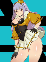 Rule 34 | 1girl, belt, beyond the nobles, black gloves, breasts, choker, cleavage, contrapposto, female focus, fur trim, gloves, hairband, hand on own hip, hand on own thigh, highres, idolmaster, idolmaster (classic), kagemusha, large breasts, long hair, looking at viewer, purple hair, red eyes, shijou takane, silver hair, skirt, smile, solo, standing, thighs