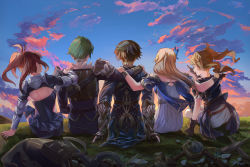 Rule 34 | 2boys, 3girls, :d, backless outfit, black dress, black gloves, black hair, blonde hair, blue shirt, blue sky, bow (weapon), brown hair, butterfly hair ornament, cloud, commentary request, dress, facing away, floating hair, from behind, gloves, green hair, grey eyes, hair ornament, highres, long hair, mosta (lo1777789), multiple boys, multiple girls, open mouth, original, outdoors, partially fingerless gloves, pointing, shirt, sitting, skirt, sky, smile, sunset, vambraces, weapon, white dress, white skirt