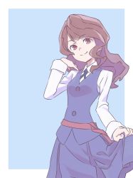 Rule 34 | 10s, 1girl, alternate hairstyle, blue background, brown hair, highres, kagari atsuko, little witch academia, long hair, looking at viewer, red eyes, school uniform, simple background, smile, tama (tama-s)