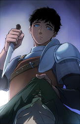 Rule 34 | 2boys, armor, bad id, bad pixiv id, black hair, blue eyes, changye, clothes grab, collarbone, cross-laced clothes, dagger, dark-skinned male, dark skin, dungeon meshi, frown, green shirt, head tilt, holding, holding dagger, holding knife, holding weapon, kabru, knife, layered sleeves, leaning back, leather armor, long sleeves, looking at another, looking down, male focus, multiple boys, out of frame, pauldrons, plate armor, shirt, short hair, short over long sleeves, short sleeves, shoulder armor, solo focus, weapon