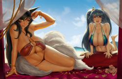 Rule 34 | 2girls, ahri (league of legends), animal ears, aqua hair, arm support, bangle, bare shoulders, barefoot, beach, bikini, black hair, blue bikini, bracelet, breasts, cleavage, curtains, day, eu03, facial mark, fox ears, fox tail, gigantic breasts, gradient background, hanging breasts, highres, huge breasts, jewelry, league of legends, lips, long hair, looking at viewer, lying, micro bikini, midriff, multiple girls, nail polish, navel, o-ring, o-ring bikini, o-ring bottom, o-ring top, on side, open mouth, outdoors, parted lips, red bikini, red nails, sitting, smile, sona (league of legends), stitched, strap gap, swimsuit, tail, third-party edit, thong bikini, twintails, very long hair, wallpaper, whisker markings, yellow eyes