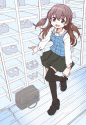 1girl aoki_ume_(style) bag black_footwear black_thighhighs braid brown_eyes brown_hair commission happy highres long_hair mado_no_mukougawa okai_(pixiv6333) open_mouth pixiv_commission pleated_skirt school_bag shoe_rack skirt sonofuji_kei thighhighs twin_braids zettai_ryouiki