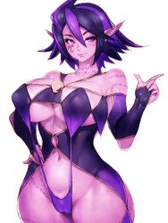 Rule 34 | 1girl, bare shoulders, black hair, breasts, bridal gauntlets, cameltoe, curvy, covered erect nipples, fumio (rsqkr), hand on own hip, highres, large breasts, lips, looking at viewer, multicolored hair, navel, pointy ears, purple eyes, purple hair, simple background, smile, solo, tattoo, thick thighs, thighs, two-tone hair, white background, wide hips