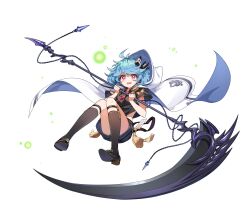 Rule 34 | 1girl, absurdres, artist request, black footwear, black shirt, black shorts, blue hair, bow, brown socks, cape, chain, character request, full body, guardian tales, hair bow, highres, holding, holding scythe, hood, hooded cape, kneehighs, necktie, official art, red eyes, red necktie, scythe, shirt, short hair, short sleeves, shorts, simple background, socks, solo, tachi-e, tassel, transparent background, white cape