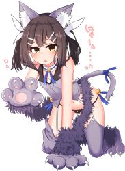 Rule 34 | 1girl, all fours, animal ears, animal hands, bare shoulders, bell, black panties, blue ribbon, blush, brown eyes, brown hair, cat ears, cat girl, cat tail, chawan (yultutari), chestnut mouth, collar, collared vest, dangeroes beast (miyu), detached collar, fate/kaleid liner prisma illya, fate (series), full body, fur trim, garter straps, gloves, hair ornament, hair ribbon, hairclip, heart, highres, jingle bell, long hair, looking at viewer, miyu edelfelt, no pants, panties, parted lips, paw gloves, paw shoes, purple thighhighs, purple vest, ribbon, shoes, sidelocks, solo, tail, tail ornament, tail ribbon, thighhighs, translated, twintails, underwear, vest, white collar, white ribbon