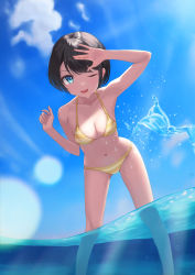 Rule 34 | 1girl, absurdres, afe., bikini, black hair, blue eyes, blue sky, breasts, cleavage, cloud, day, feet out of frame, highres, hololive, lens flare, light rays, looking at viewer, medium breasts, one eye closed, oozora subaru, oozora subaru (hololive summer 2019), outdoors, partially underwater shot, short hair, sky, soaking feet, solo, striped bikini, striped clothes, sunbeam, sunlight, swimsuit, virtual youtuber, water, yellow bikini