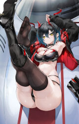 Rule 34 | 1girl, absurdres, armpits, arms up, ass, azur lane, black choker, black footwear, black hair, black jacket, black nails, blue hair, boots, breasts, brown thighhighs, car, choker, cleavage, closed mouth, colored inner hair, commentary request, criss-cross halter, crop top, ear piercing, feet, full body, hair between eyes, halterneck, high heel boots, high heels, highres, horns, jacket, large breasts, legs, legs up, light blush, long sleeves, looking at viewer, lying, mechanical horns, motor vehicle, multi-strapped panties, multicolored hair, multicolored nails, navel, official alternate costume, on back, on vehicle, piercing, porsche, race queen, red horns, red nails, short hair, single boot, skindentation, sleeves past wrists, soles, solo, spiked choker, spikes, stomach, thighhighs, thighs, toes, two-sided fabric, two-sided jacket, ulrich von hutten (azur lane), ulrich von hutten (ignition matrician) (azur lane), unworn boots, white hair, xun li eins, yellow eyes, zipper pull tab