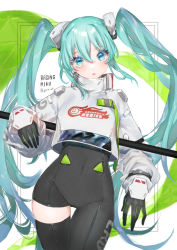 Rule 34 | 1girl, aqua hair, asymmetrical bodysuit, black bodysuit, black gloves, bodysuit, cowboy shot, crop top, crop top overhang, cropped jacket, flagpole, gloves, goodsmile racing, hatsune miku, holding, holding pole, long sleeves, pole, racing miku, racing miku (2022), single thighhigh, thighhighs, twintails, two-tone gloves, vocaloid, yua (tick-tack)