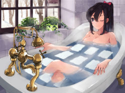 Rule 34 | 1girl, ^ ^, bare tree, bath, bathing, bathroom, bathtub, black hair, bow, breasts, claw foot bathtub, cleavage, closed eyes, collarbone, commentary, crossed legs, faucet, hair between eyes, hair bow, large breasts, light rays, maruhana, nude, one eye closed, original, pink bow, plant, ponytail, purple eyes, smile, smiley face, snow, solo, steam, tree, window, window shadow