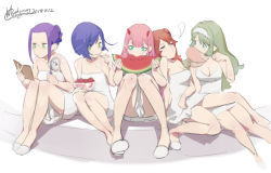 Rule 34 | 10s, 5girls, absurdres, aqua eyes, artist name, blue eyes, brown hair, character request, chinese commentary, closed eyes, commentary request, darling in the franxx, dated, dress, eating, fanning, food, fruit, glasses, gorgeous mushroom, green eyes, green hair, hand fan, highres, horns, hot, ichigo (darling in the franxx), long hair, looking at another, multiple girls, name connection, object namesake, pink hair, purple eyes, reading, short hair, signature, simple background, sitting, strawberry, sundress, watermelon, white background, white dress, zero two (darling in the franxx)