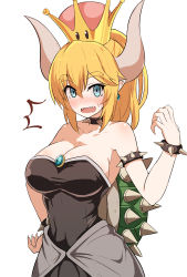 Rule 34 | 1girl, absurdres, bare shoulders, blonde hair, blue eyes, blush, bowsette, breasts, cleavage, comic, crown, dress, earrings, half-closed eyes, hand on own hip, highres, horns, jewelry, large breasts, long hair, looking at viewer, mario (series), new super mario bros. u deluxe, nintendo, okitsugu, pointy ears, ponytail, sharp teeth, shell, simple background, solo, spiked shell, standing, super crown, surprised, sweatdrop, teeth, thick eyebrows, translation request, white background