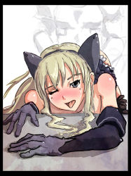 Rule 34 | 1girl, :o, ;p, animal ears, babylonian castle saga, bandai namco, bare shoulders, black gloves, blonde hair, blue eyes, cat ears, clothed sex, crawling, drawfag, druaga no tou, elbow gloves, fatina, fatina (druaga), gloves, long hair, looking at viewer, muffy (matthew adams), non-web source, one eye closed, open mouth, sex, simple background, sketch, solo focus, sweat, tongue, tongue out, upper body, vaginal, white background, wince, wink