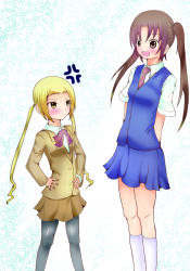 Rule 34 | 2girls, arms behind back, blonde hair, blush, brown eyes, brown hair, envy, hagimura suzu, hands on own hips, height difference, multiple girls, open mouth, pantyhose, school uniform, seitokai yakuindomo, smile, tsuda kotomi, twintails, yellow eyes