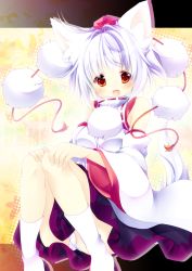 Rule 34 | 1girl, albino, animal ears, bare shoulders, detached sleeves, hands on own knees, hat, hat ribbon, hikanyan, inubashiri momiji, long sleeves, looking at viewer, open mouth, panties, pantyshot, pom pom (clothes), red eyes, ribbon, shirt, sitting, skirt, smile, solo, tail, tokin hat, touhou, underwear, upskirt, white hair, white panties, wide sleeves, wolf ears, wolf tail